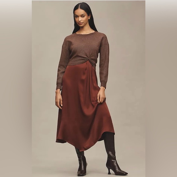 New Anthropologie Gemini Twofer Sweater & Dress Set Sz Large in Brown & Burgundy - Picture 1 of 7